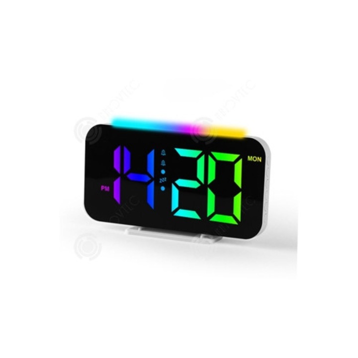 Ceas decorativ digital cu alarma USB, 3 viteze, 2 alarme, numere colorate, functie snooze