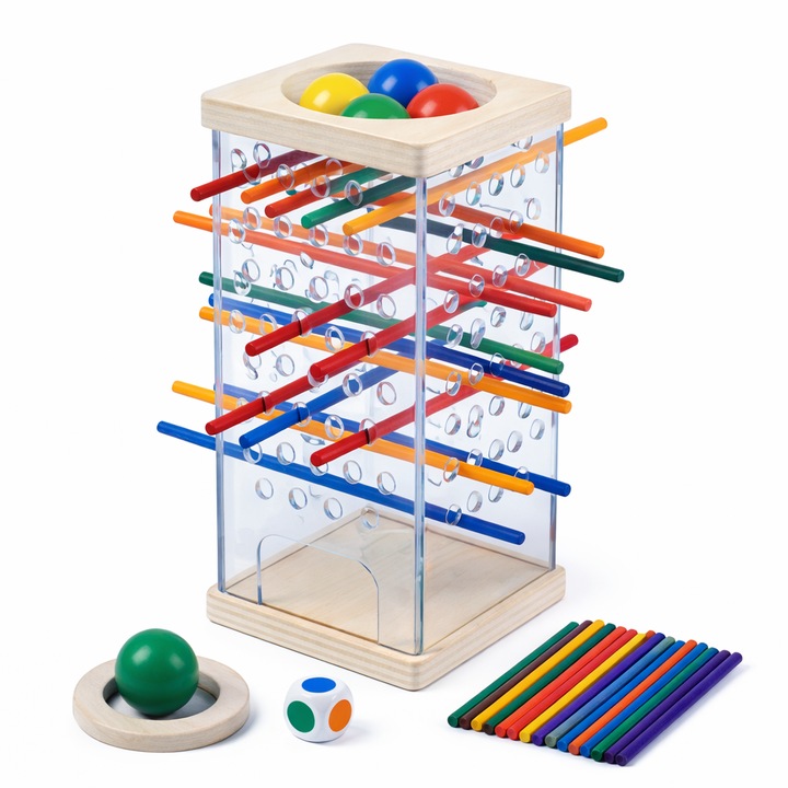Montessori fa játék golyókkal és pálcikákkal, fa társasjáték gyerekeknek, egyensúly és stratégiai játék, oktató fajáték, finommotorika fejlesztése, interaktív játék gyerekeknek 3+ év, oktató ajándék