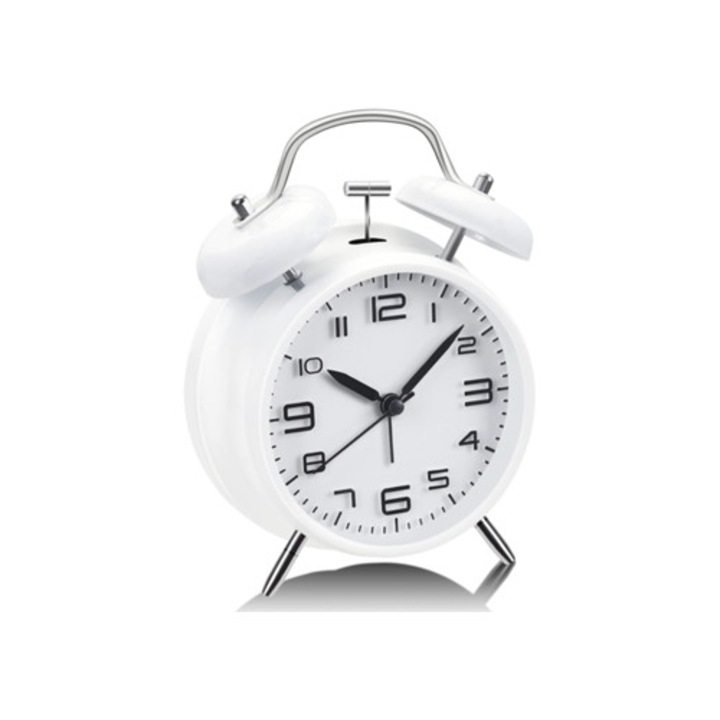 Ceas desteptator analogic cu clopotei, lumina de noapte, 10cm, alb