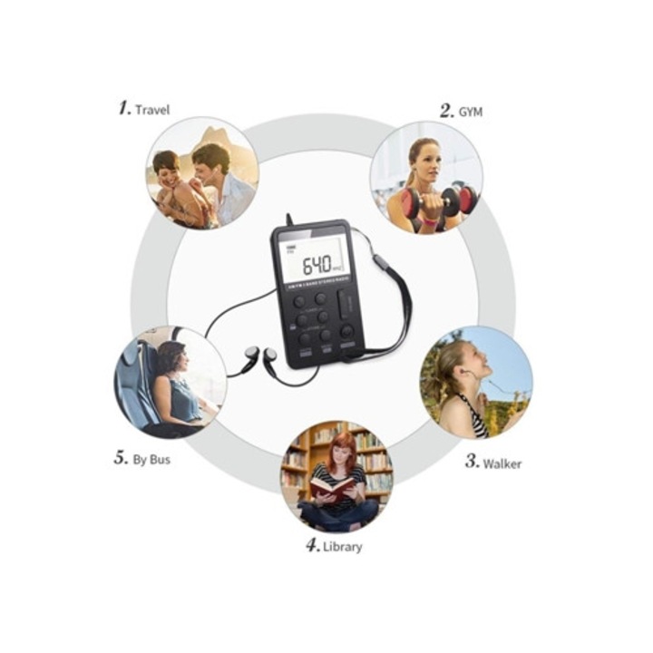 Radio portabil mini AM FM, receptor stereo digital DSP, jack pentru casti, reincarcabil USB