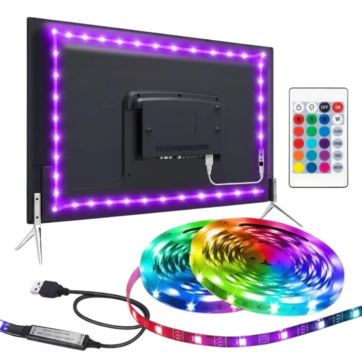 Banda LED TV 3m, 16 Culori, Telecomanda Inclusa, USB Powered, Moduri Flash/Strobe/Fade/Smooth, Lungime Ajustabila pentru TV pana la 60”, Ideala pentru Gaming, Filme, Muzica, Decor Camera si Proiecte DIY