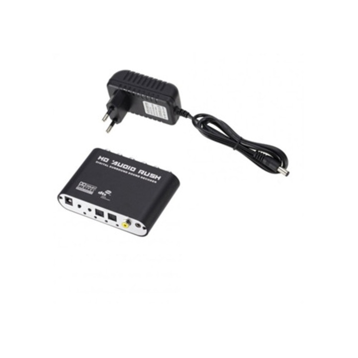 Decodor audio digital 5.1 canale DTS Dolby/AC-3, convertor analog fibra coaxial, adaptor audio, amplificator, alimentare, mufa EU