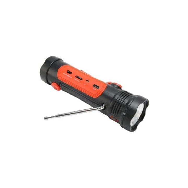 Radio portabil multifunctional HURRISE cu manivela solara, lanterna, alarma SOS, player video