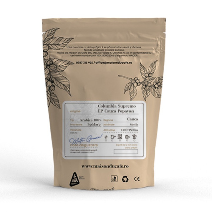Cafea boabe proaspat prajita Columbia Supremo EP Cauca Popayan 100 % Arabica Single Origin Maison du Cafe 250 g