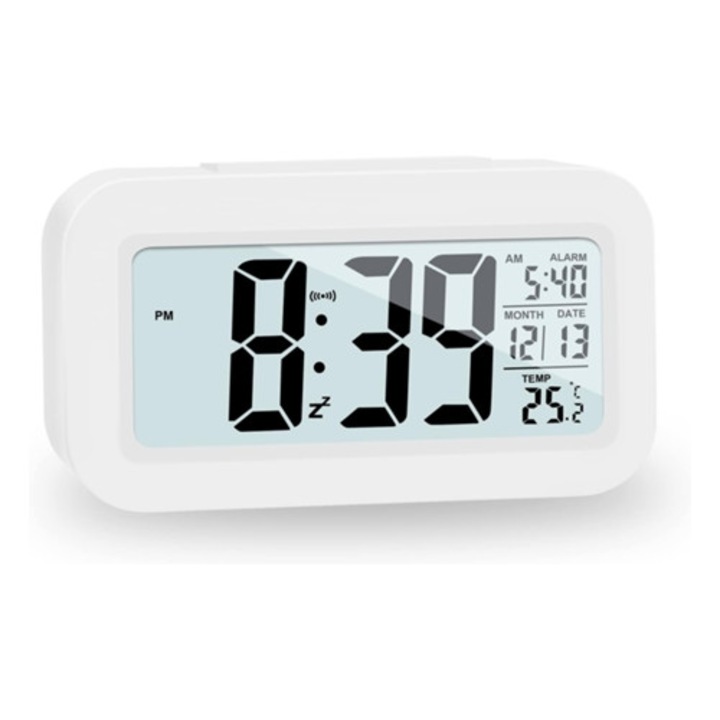 Ceas decorativ digital LCD cu alarma, functie snooze, alb