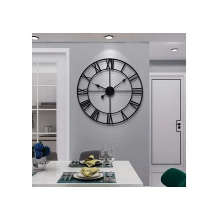 Ceas decorativ metalic rotund vintage, silentios, 40x60cm, cifre romane