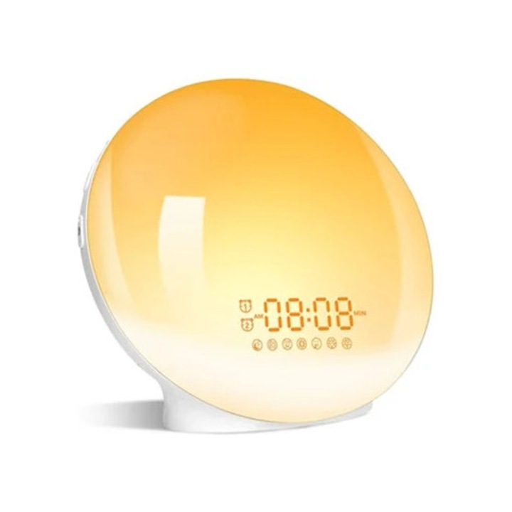 Ceas decorativ cu alarma, simulare rasarit, sunete din natura, lumina de noapte multicolora, dimensiune ajustabila