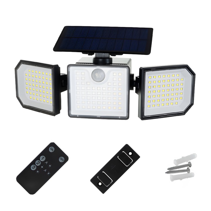 Lampa Solara LED 167 TNS® 500lm cu Telecomanda, Senzor de Miscare si Lumina, Iluminare Exterior IP65, 3 Moduri, Unghi Larg