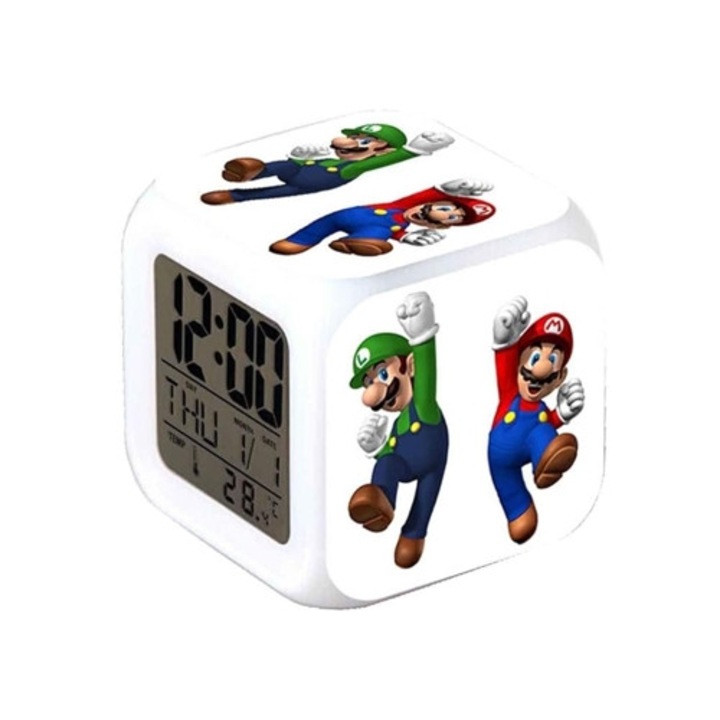 Ceas decorativ Super Mario cu LED, functie de alarma si timer, lumina de noapte, multicolor