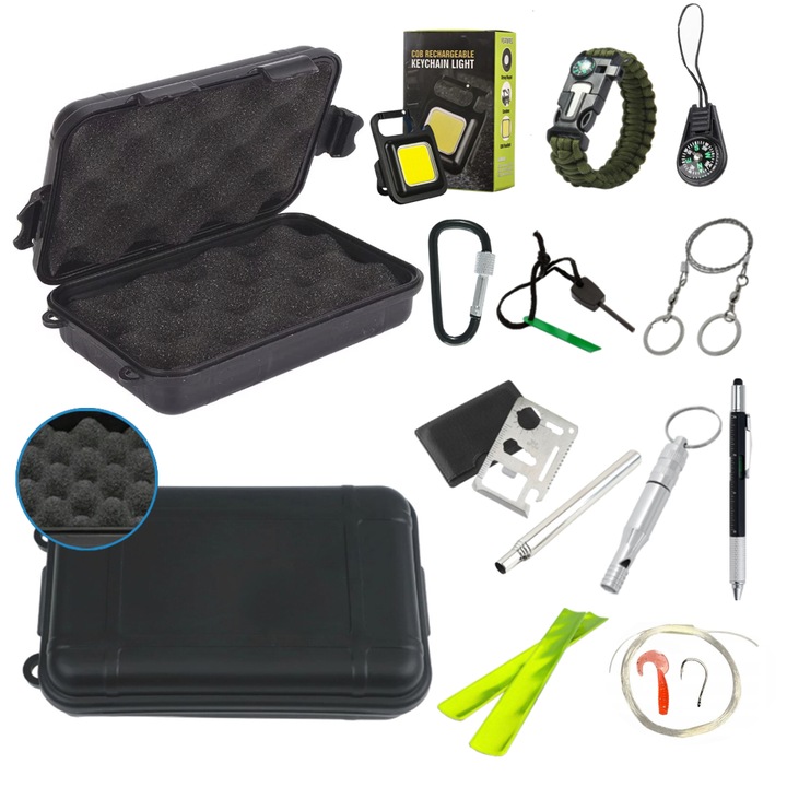 Trusa supravietuire multifunctionala compacta 14 in 1 cutie etansa ABS 18x11x5 cm IP54 negru pentru camping si urgente
