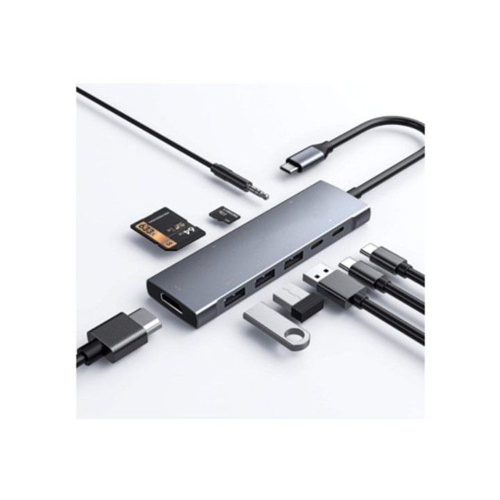 Hub USB C 9-in-1, 4K HDMI, 100W, 3 porturi USB 3.0, cititoare carduri SD/MicroSD, jack pentru casti