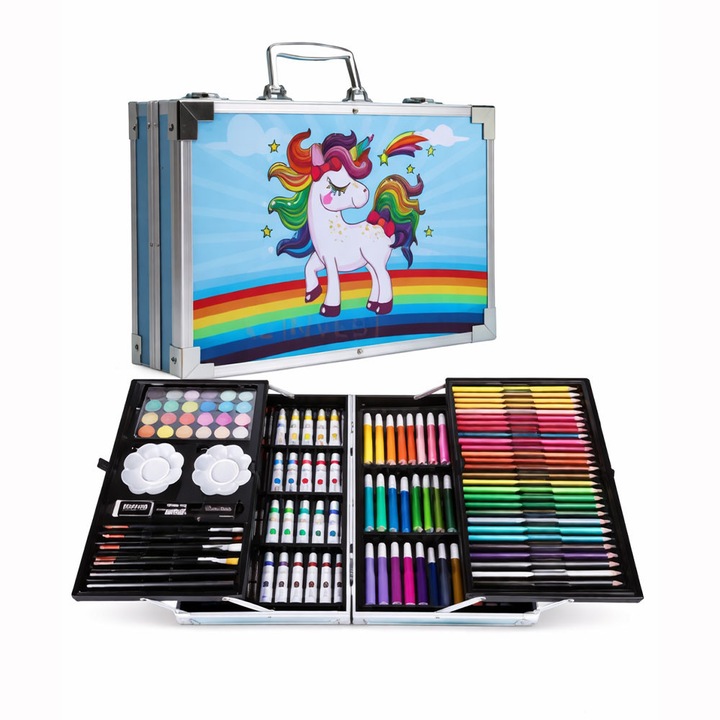Set desen copii 145 piese, valiza portabila, creioane, carioci, acuarele, acrilice, pensule, ascutitoare, radiere, unicorn, Albastru