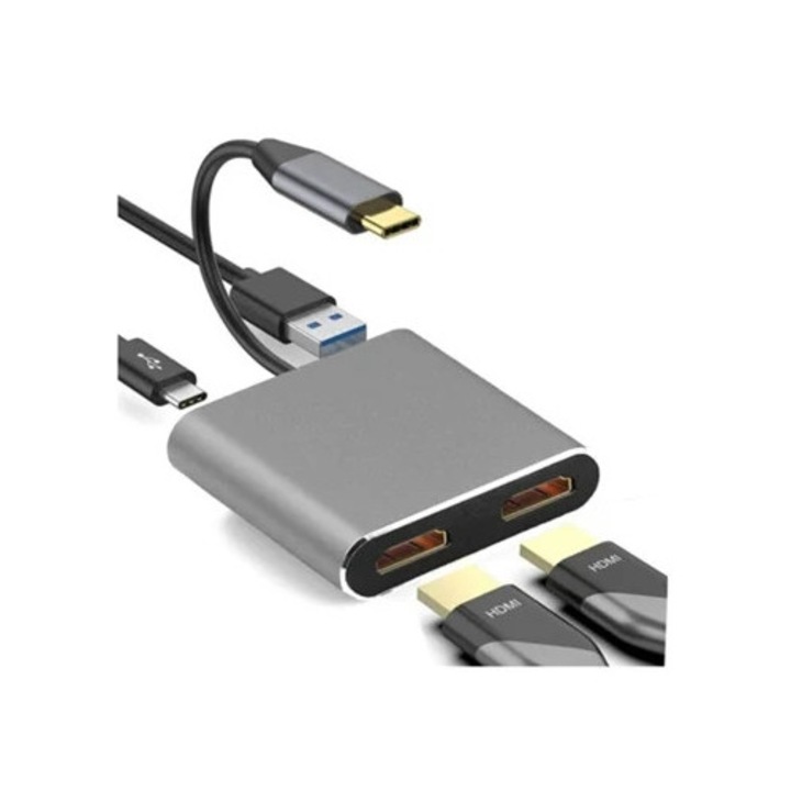 Adaptor USB C la Dual HDMI USB 3.0, negru