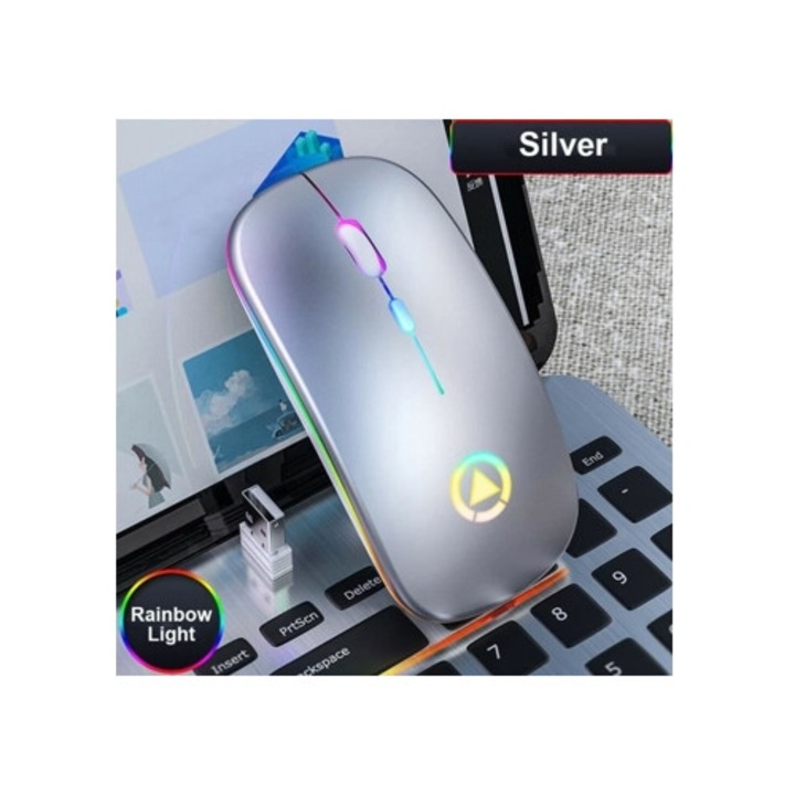 Mouse wireless LED ultra-subtire optic gamer reincarcabil USB 4B gri