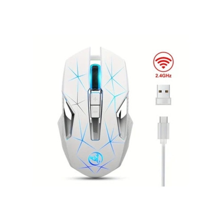 Безжична мишка 2.4G, 2400DPI, цветни светлини, бяла