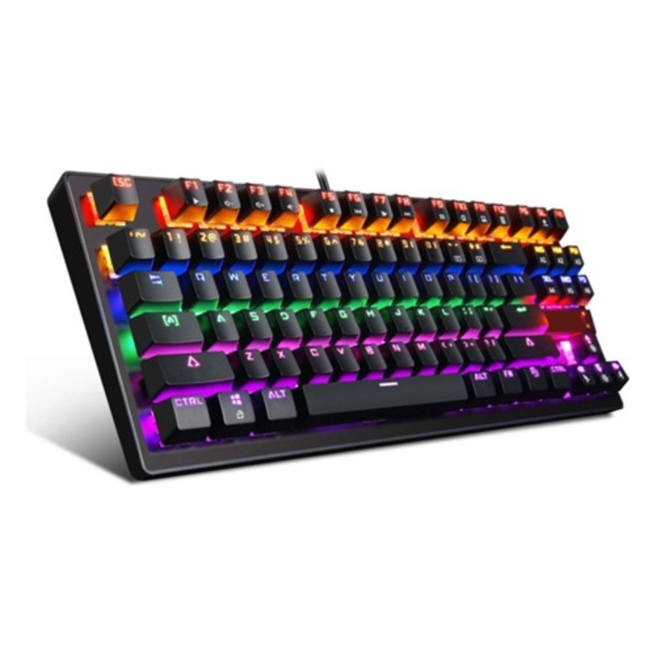 Tastatura mecanica de gaming cu iluminare RGB, comutator albastru, conexiune USB