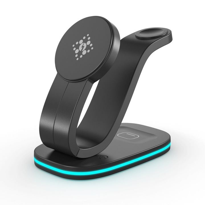 Incarcator wireless cu magnet 3-in-1, permite incarcarea simultana a mai multor dispozitive, poate fi utilizat in mai multe pozitii, potrivit pentru telefoane, ceasuri si casti, 75 × 125 × 120 mm, negru