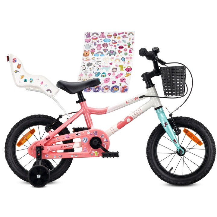 Bicicleta Copii 14 Inch Pentru Fete Usoara Aluminiu 7.2 Kg Roti Laterale Cos Scaun Papusa Sonerie V Brake Sun Baby Alb Roz Menta