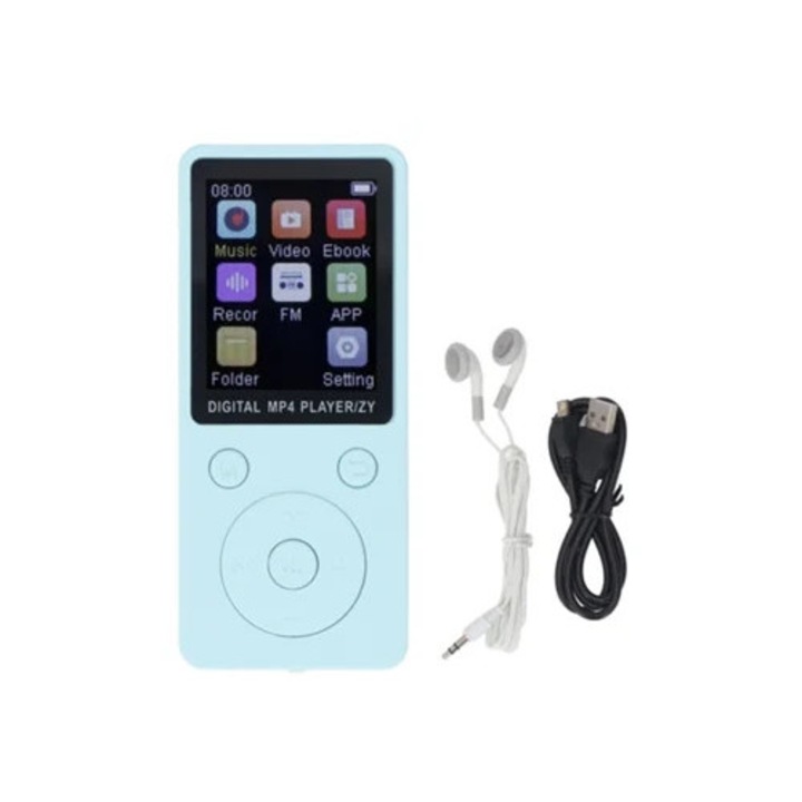 Player MP3 MP4, Bluetooth 5.0, ecran colorat 1.8 inch, memorie 16GB, suport pana la 128GB, albastru
