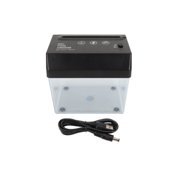 Distrugator de documente mini USB, alimentat cu baterii, pentru birou, scoala si acasa