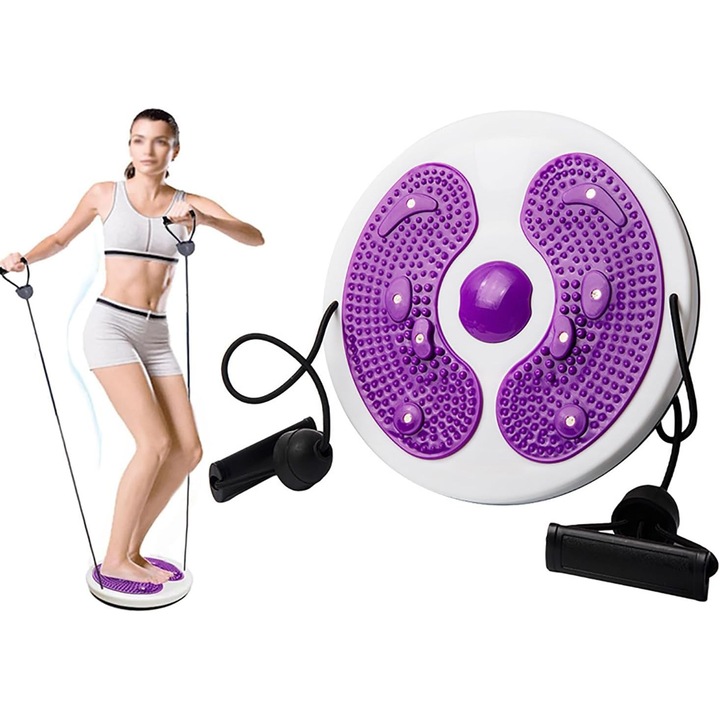 Disc rotativ pentru fitness cu corzi Waist Twisting, cu 2 benzi elastice, antrenament de fitness si multe altele, design robust, antrenati-va echilibrul corpului, exercitii aerobice si masaj al talpilor, subtierea soldurilor si a coapselor, Alb/Violet