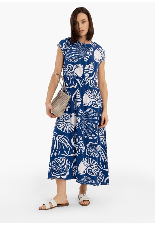 Rochie lunga de vara din viscoza cu model, maneci scurte, Volcano G-Kamelia, albastru, XS