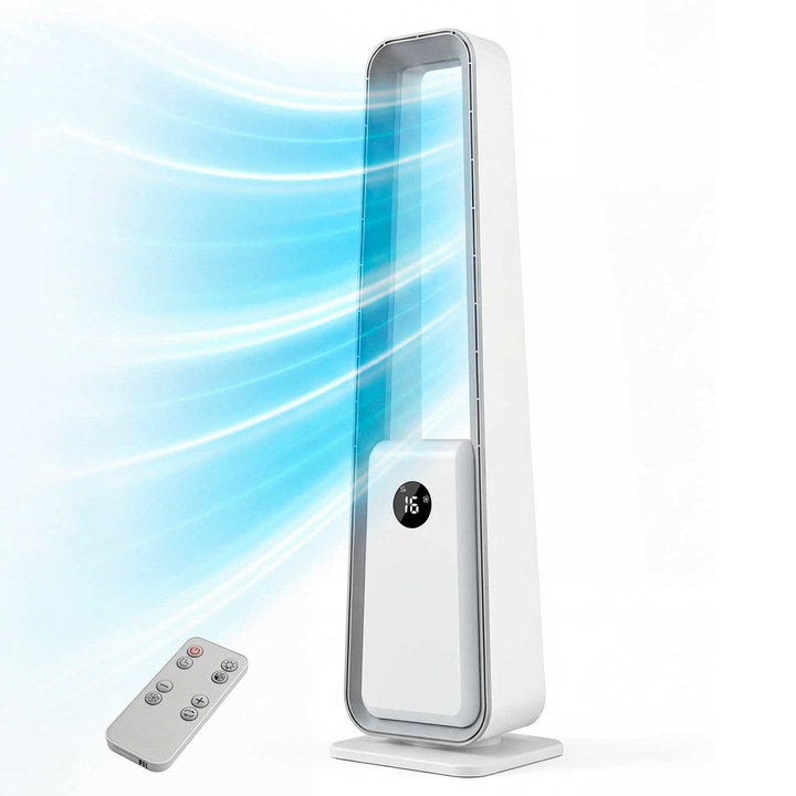 Laptalan toronyventilátor, Aiorber, 36W DC motor, 24 sebességfokozat, 75°-os oldalirányú oszcilláció, porfilterrel, érintőképernyős/távirányítós vezérlés, 12H időzítő, fehér