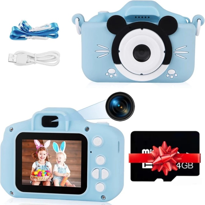 Aparat Foto Digital pentru Copii, HD 1080P, Display IPS cu Protectie pentru Ochi, Cablu USB, Ecran 2.0 inch, 600 mAh Minnie Blue