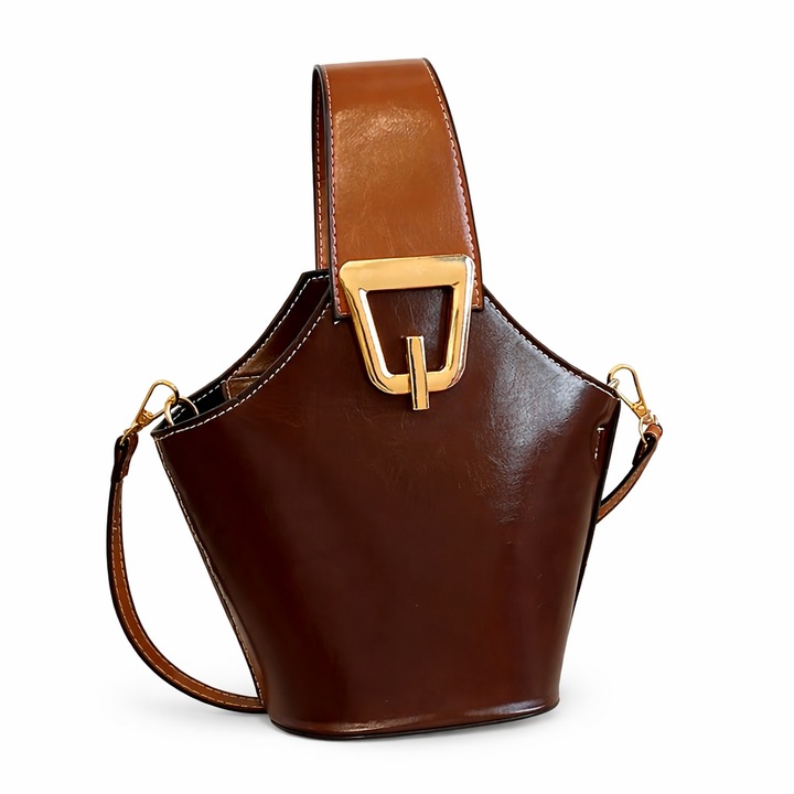 Geanta Dama Tip Bucket Maro Caramel, din Piele Ecologica, cu Catarama Aurie Statement, Curea Reglabila, Stil Elegant & Casual