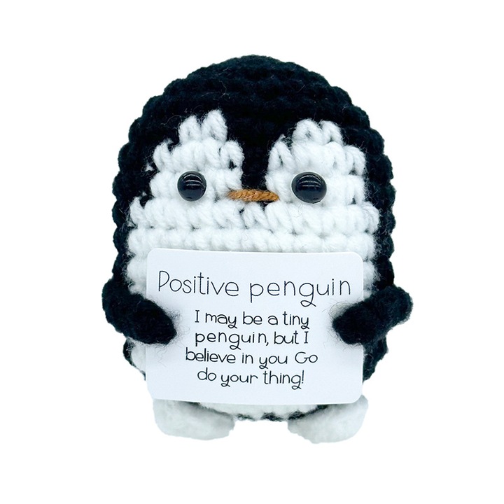Pinguin de plus tricotat, jucarie, cu mesaj inspirational, 6.6cm, multicolor