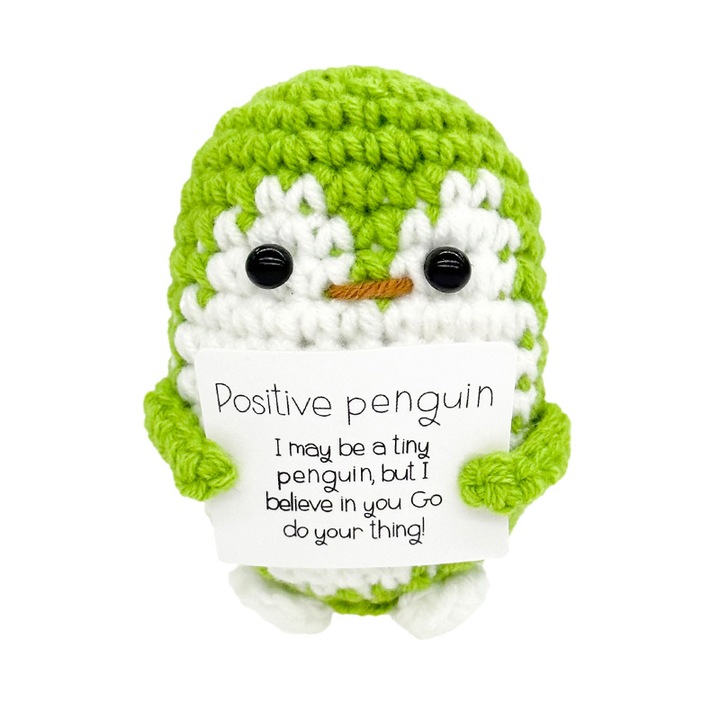 Pinguin de plus tricotat, jucarie, cu mesaj de incurajare, 6.6cm, verde