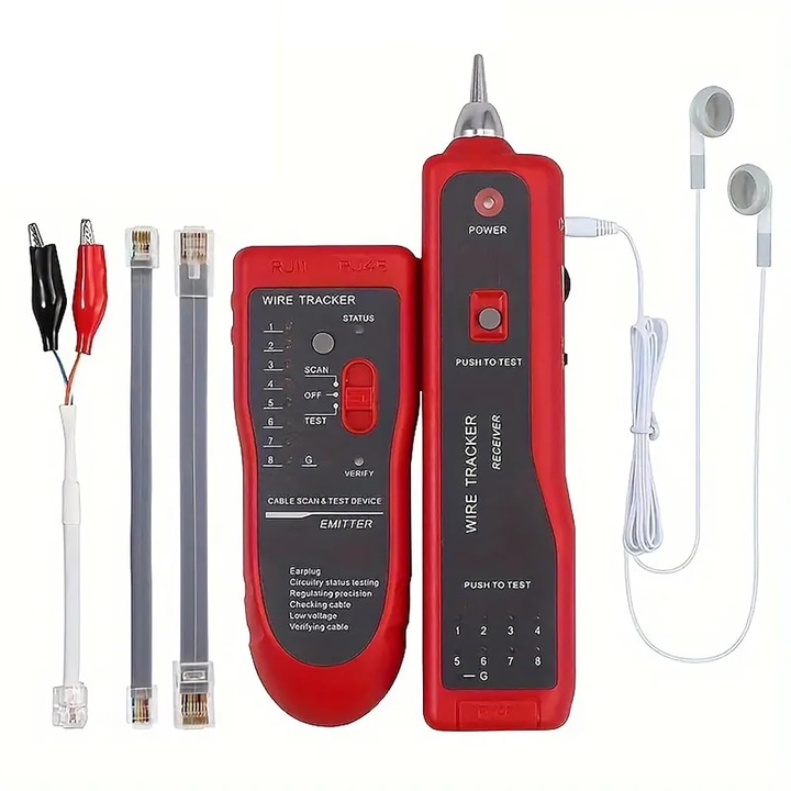 Детектор за кабели Bedee, многофункционален, измерване RJ45/RJ11, със слушалки, червен