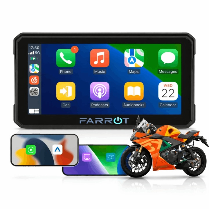 Motoros CarPlay Android Auto kijelző 6 colos GPS Bluetooth WiFi vízálló FARROT M590