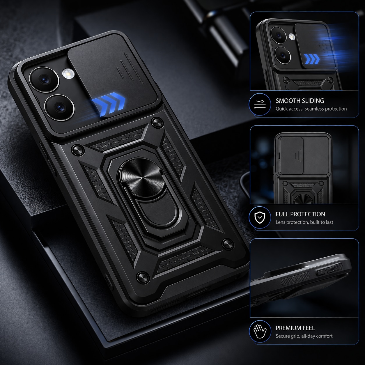 Husa Armor CamShield Ring pentru Motorola Moto G15 / G15 Power / G17 / G17 Power, Clapeta Camera, Structura Rigida, Anti-Shock, Protectie Completa, Albastru