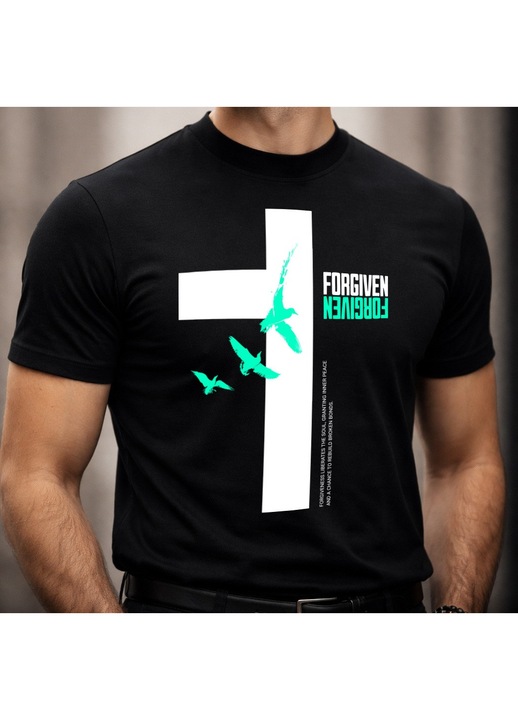 Tricou bărbați Neo, imprimeu cruce, bumbac 100%, alb, S