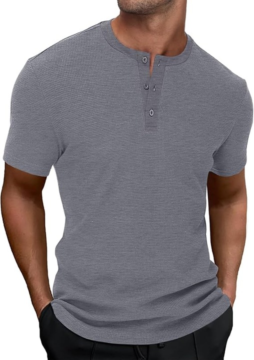 Tricou barbati HMIYA, gri, 2XL, bumbac si poliester, textura waffle, guler clasic cu 3 nasturi