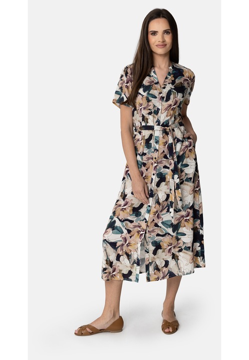 Rochie-camasa lunga din viscoza cu model floral, maneci scurte, decolteu in V, cu curea in talie, Volcano G-Atalya, M