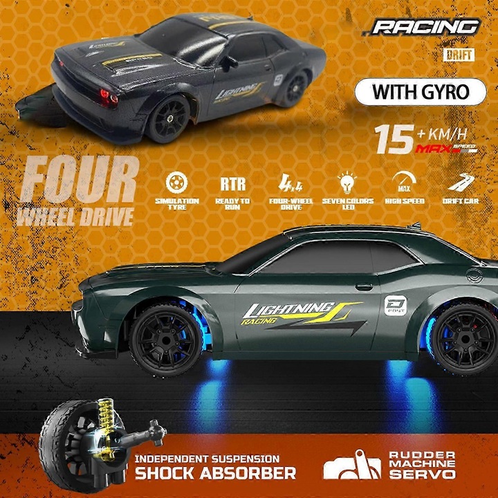 Masinuta RC Drift 1/43, 4WD, LED, 20min autonomie, set cu conuri de trafic si 8 roti