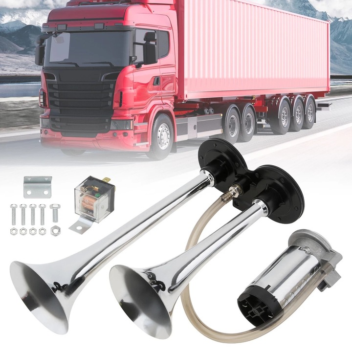 Claxon bitonal Avex, set 2 goarne cu compresor electric, culoare Crom/Negru, alimentare 12V, dimensiuni 218x77mm și 162x77mm