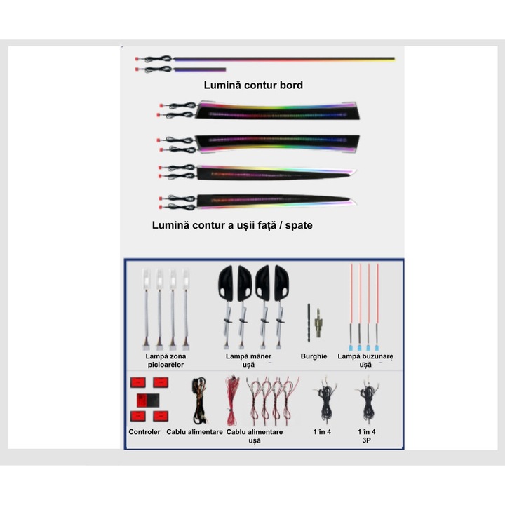 Kit lumini ambientale auto LED RGB HMYC, 22 piese, acrilice, control Bluetooth, 12V