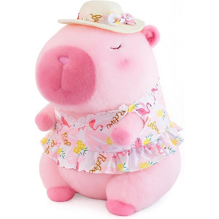 Jucarie de plus Capybara roz, 30cm, cu costum de baie, ideala pentru imbratisari, set placut pentru copii