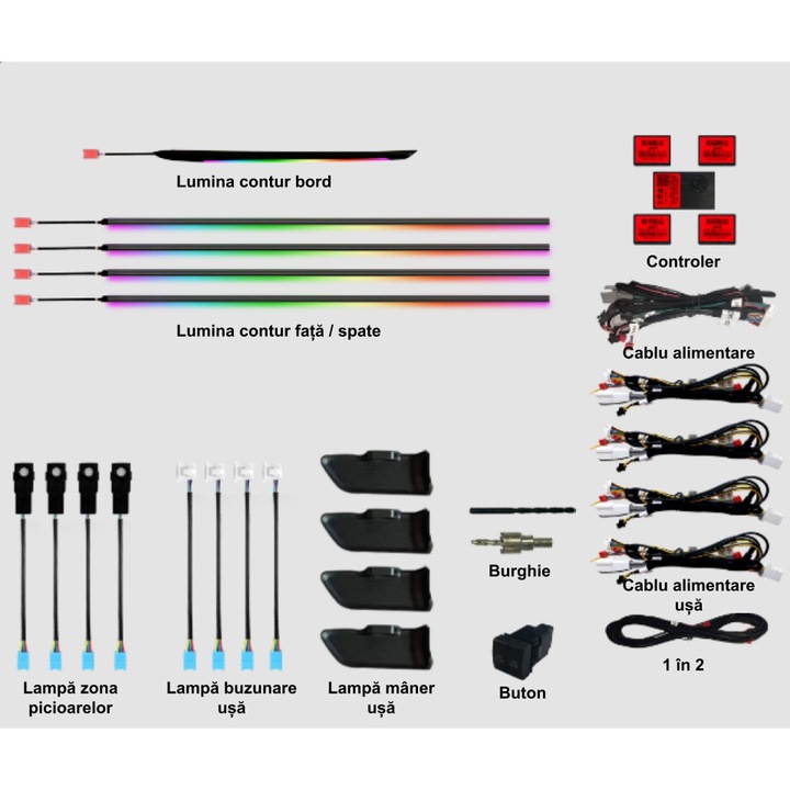 Kit Lumini Ambientale Auto LED RGB HMYC 16 Piese Control Bluetooth Multicolor 12V