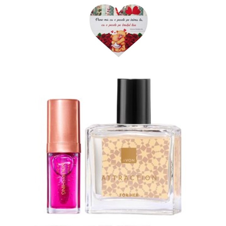 Set Attraction pentru Ea, apa de parfum 30 ml + ulei hranitor buze Blossom 7 ml + inimioara magnetica