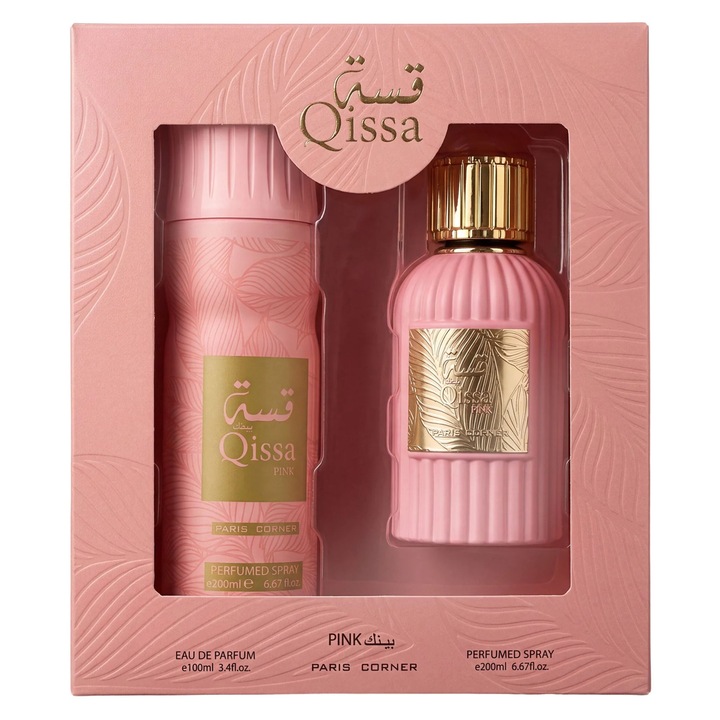 Set cadou parfum Qissa Pink, Paris Corner, apa de parfum 100ml, deodorant spray 200ml, aromă dulce-florală, pentru unisex