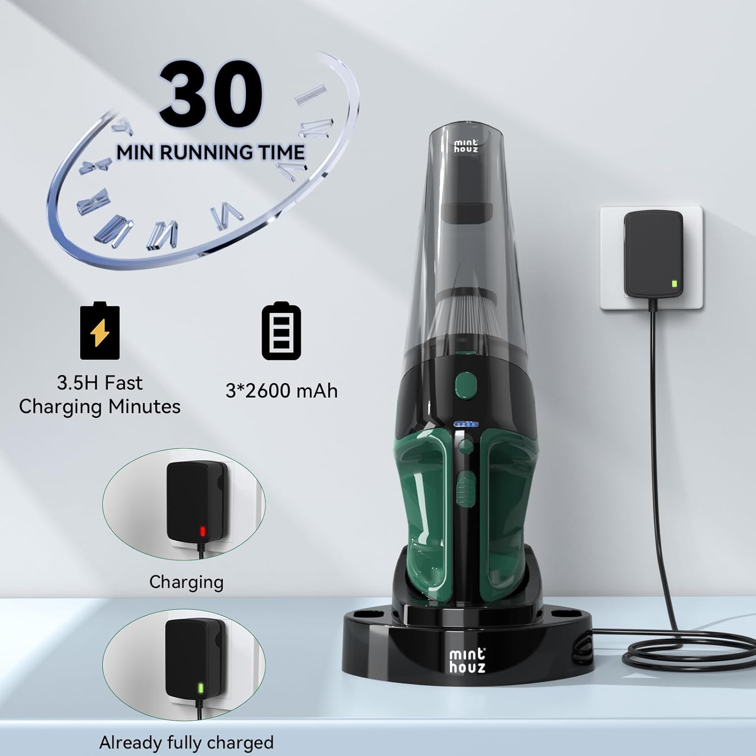 Aspirator de mana fara fir MT-L014, 9000Pa, motor 120W, autonomie 30 min, filtru HEPA, rezervor 800 ml, accesorii multiple, statie de incarcare 2 in 1, LED integrat, Negru