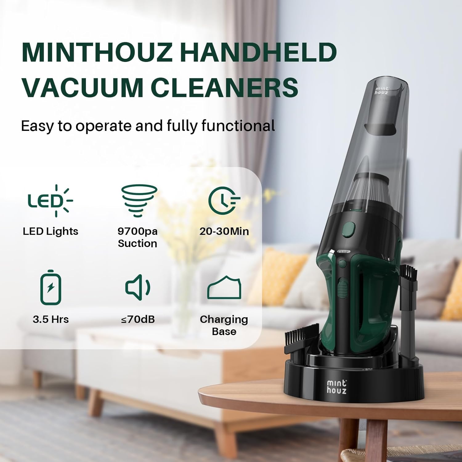 Aspirator de mana fara fir MT-L014, 9000Pa, motor 120W, autonomie 30 min, filtru HEPA, rezervor 800 ml, accesorii multiple, statie de incarcare 2 in 1, LED integrat, Negru