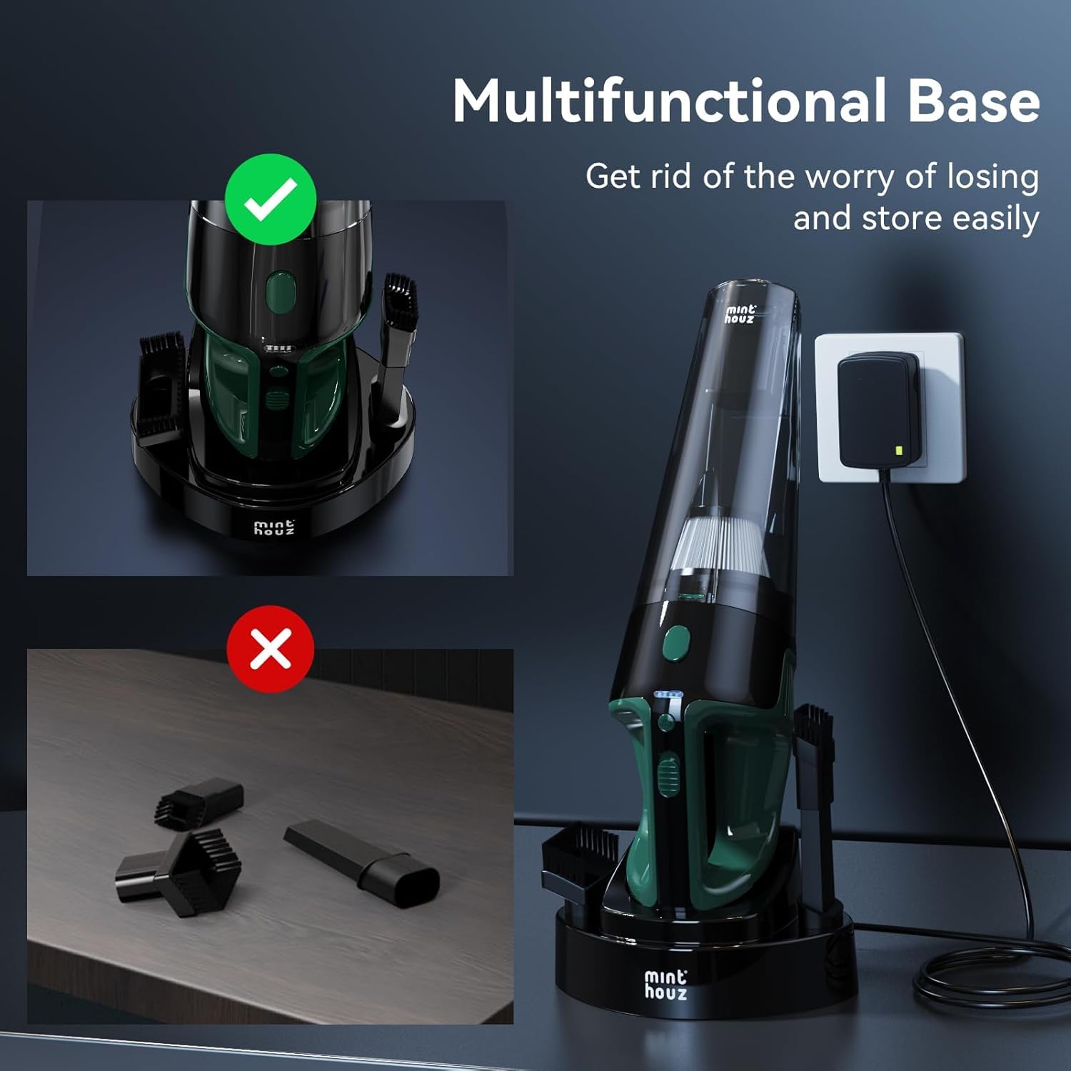 Aspirator de mana fara fir MT-L014, 9000Pa, motor 120W, autonomie 30 min, filtru HEPA, rezervor 800 ml, accesorii multiple, statie de incarcare 2 in 1, LED integrat, Negru