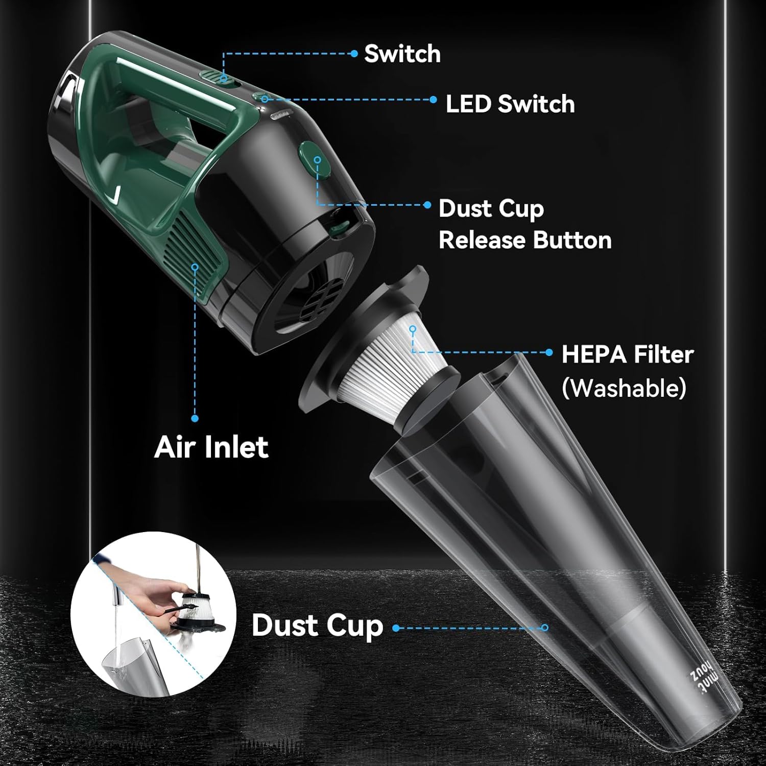 Aspirator de mana fara fir MT-L014, 9000Pa, motor 120W, autonomie 30 min, filtru HEPA, rezervor 800 ml, accesorii multiple, statie de incarcare 2 in 1, LED integrat, Negru