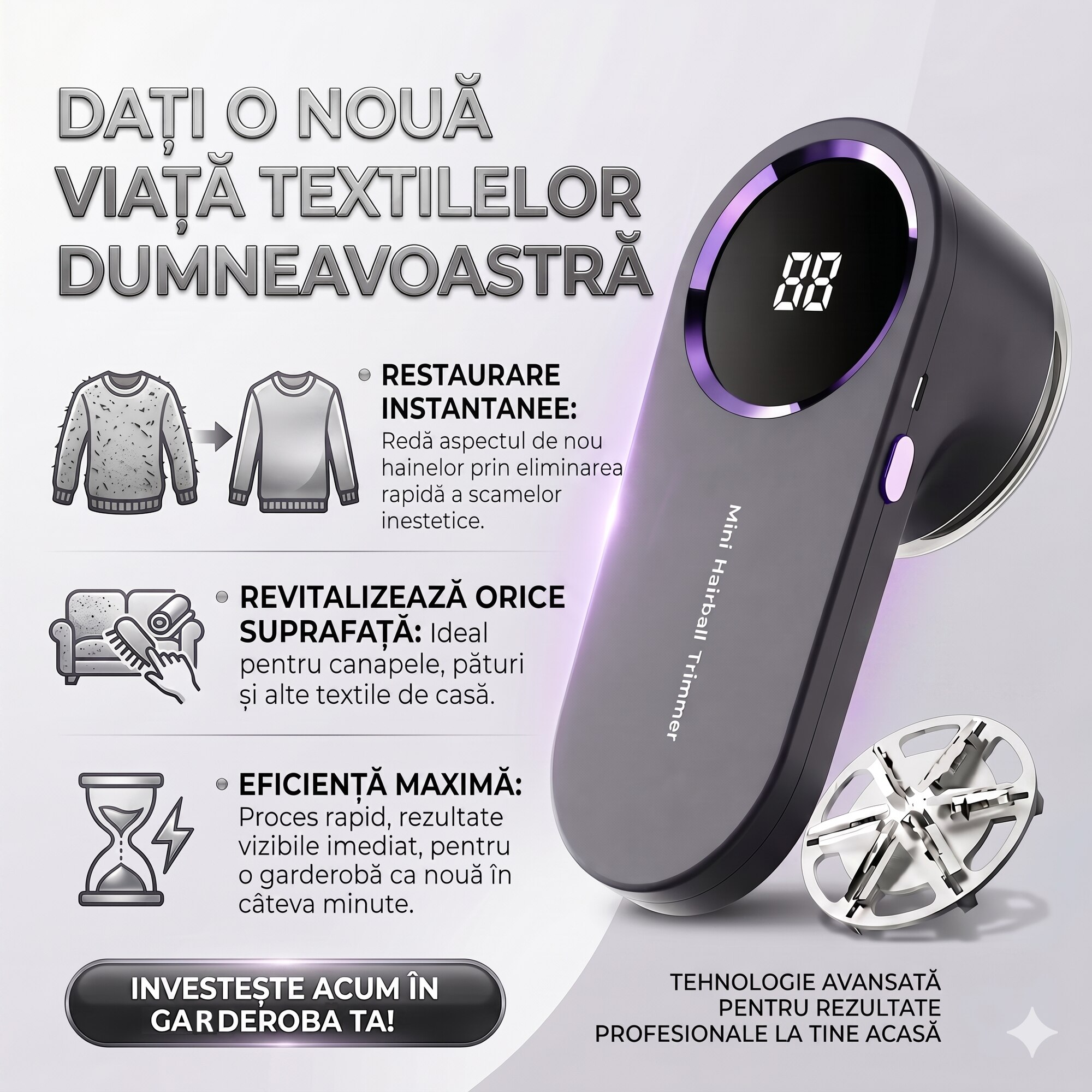 Aparat Electric Portabil pentru Curatat Scame DREVOX, Baterie 500mAh, Lame din Otel Inoxidabil, Rezervor Detasabil, pentru Haine, Canapea, Lenjerii, Fotolii, Scaune Auto Textile