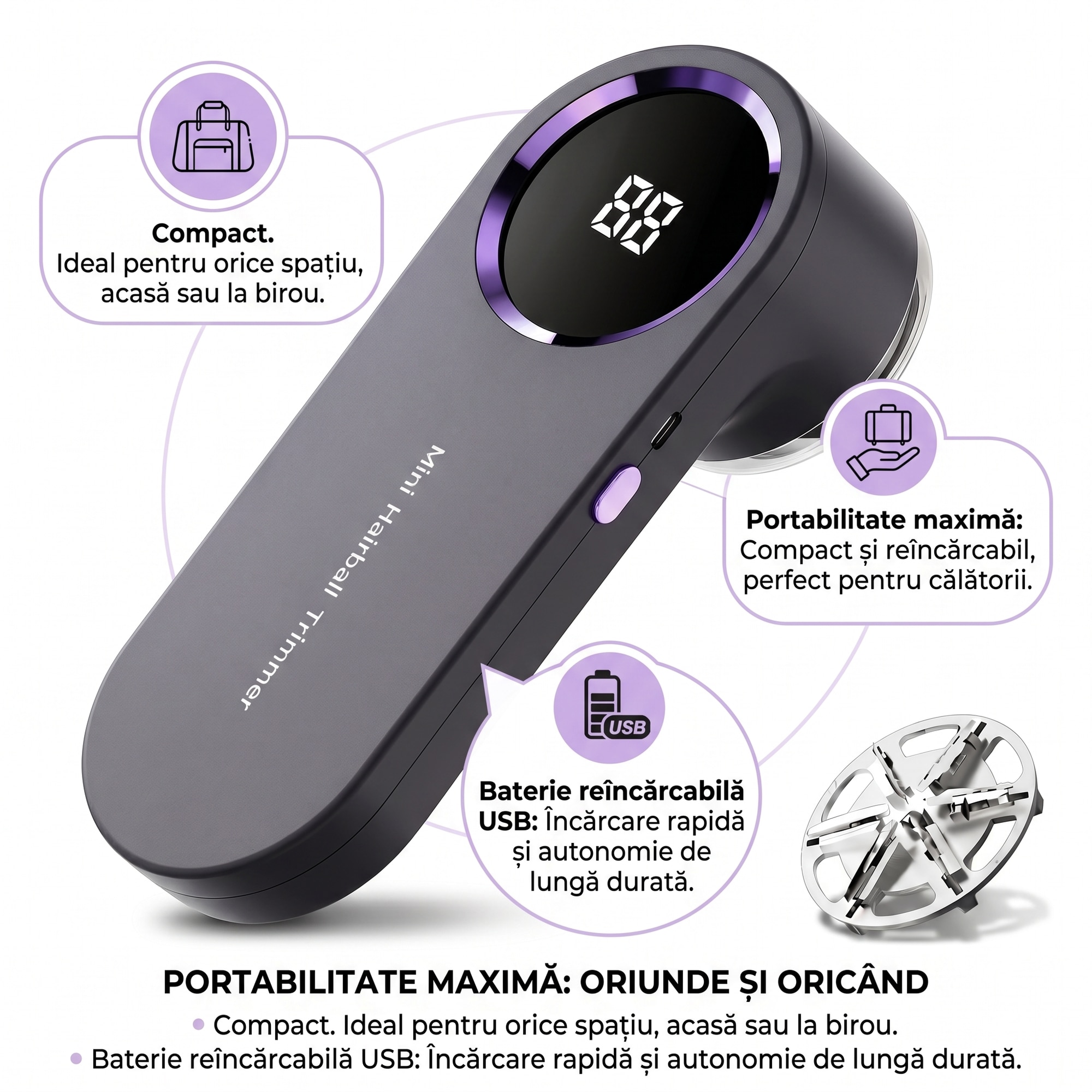 Aparat Electric Portabil pentru Curatat Scame DREVOX, Baterie 500mAh, Lame din Otel Inoxidabil, Rezervor Detasabil, pentru Haine, Canapea, Lenjerii, Fotolii, Scaune Auto Textile